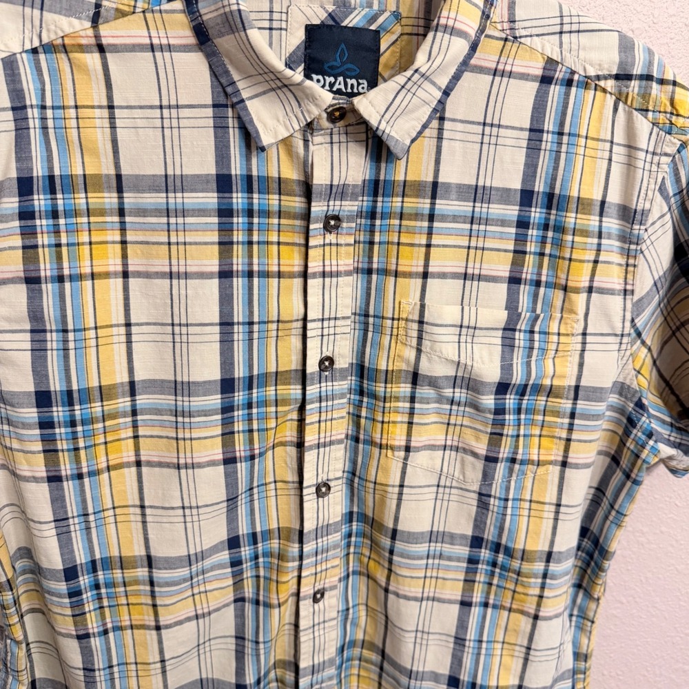 Prana Benton Mens Yellow Blue Plaid Short Sleeve Button Down Organic Cotton Med - Picture 3 of 7